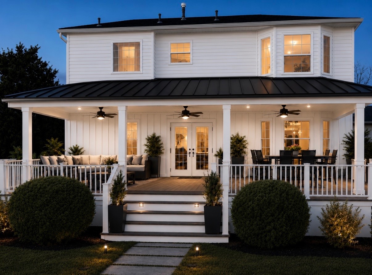 Wraparound porch at twilight