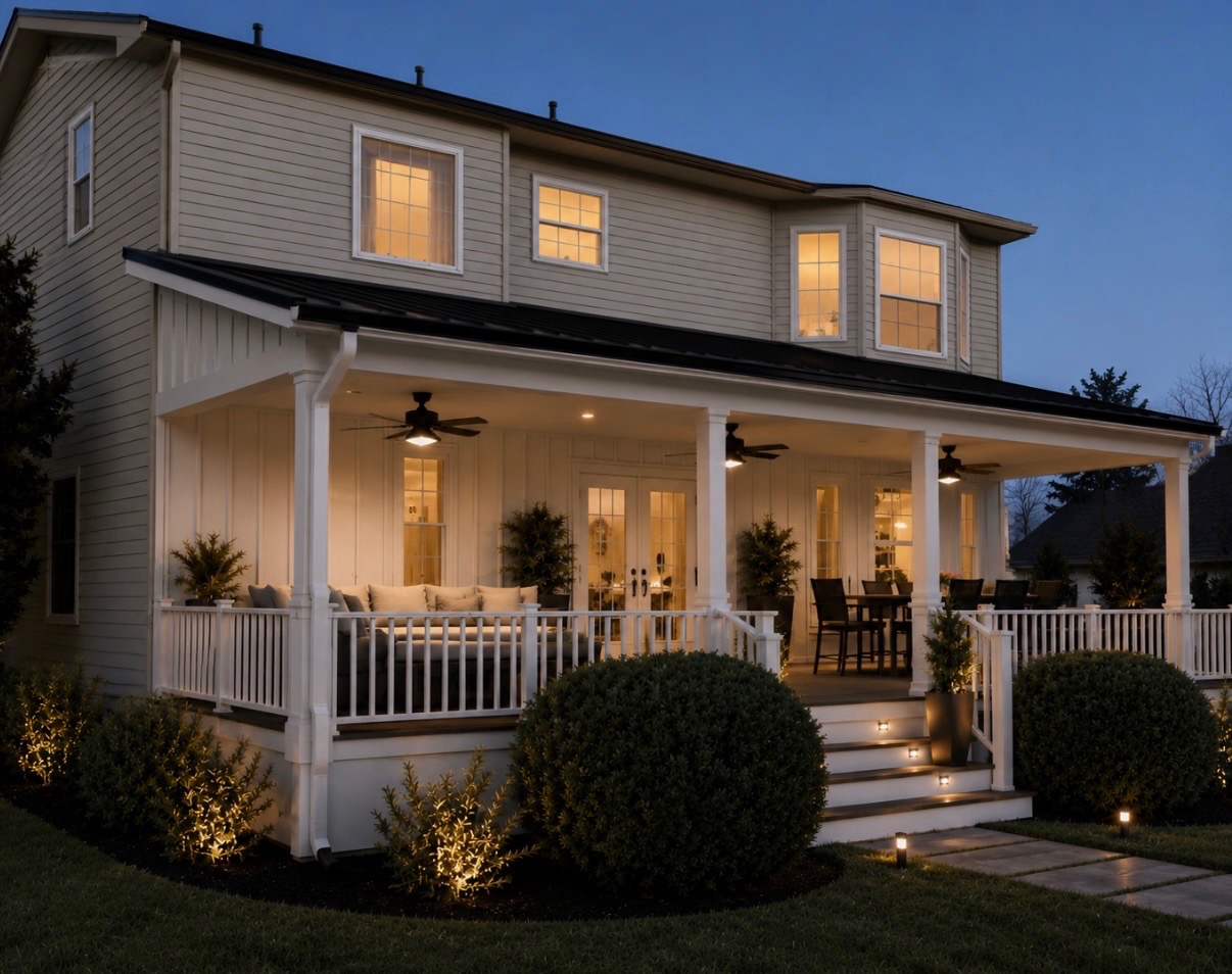 Covered porch at dusk